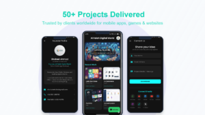 Company profile screen highlighting end-to-end mobile, web, game dev, and SEO services.
