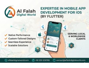 A professional service banner for Al Falah Digital World highlighting expertise in iOS mobile app development using Flutter.