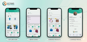 Four-screen mobile app walkthrough showing Explore Home, Refine Search, Browse Products, and Manage Profile screens